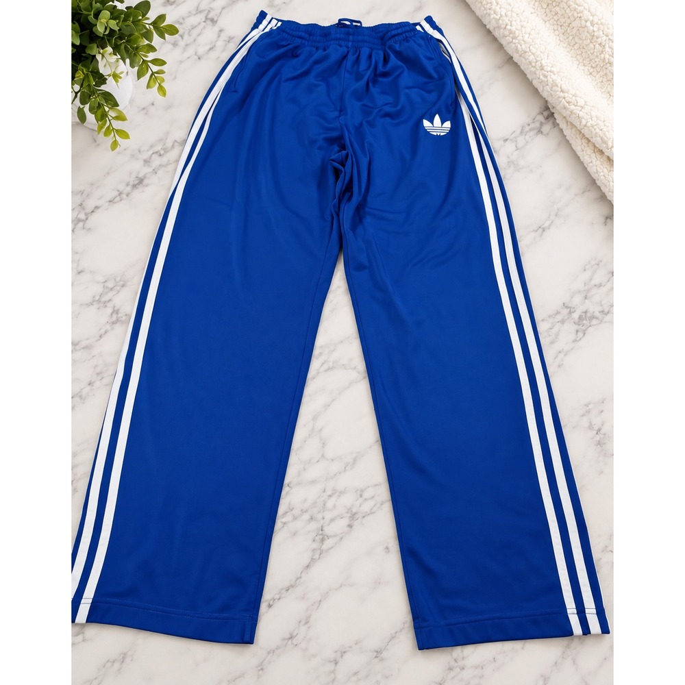 Adidas Blue Track Pants with White Stripes – Size XL – Flaws on Back